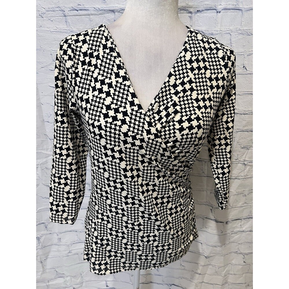 Talbots Petites Surplice V-Neck Crossbody Faux Wrap Top Ivory & Black Size SP